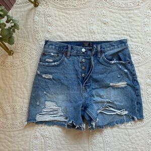 Abercrombie & Fitch High Rise 4 inch Distressed Denim Shorts, Size 28